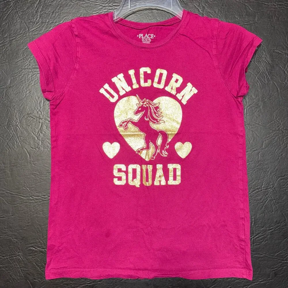 Childrens Place Girls Unicorn Squad T Shirt Top Short Sleeve Gold Dark Pink XL